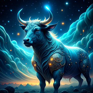 bull
 Zodiac Constellation, set in the vast and majestic universe, radiating with a shimmering and ethereal glow, positioned among a sea of stars in the cosmic expanse. Illuminated by celestial radiance and cosmic rays, created by a master of cosmic artistry in a surreal and otherworldly style, using digital painting as the medium for an astrological illustration. The color scheme features deep indigo and gold, with high-definition digital rendering to capture museum-quality detail and pre