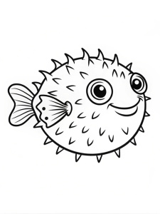 Coloring page for kids, simple coloring page, no details, outline, no color, fill frame, edge to edge, white background clipart. a single baby puffer fish swimming in the ocean in black and white