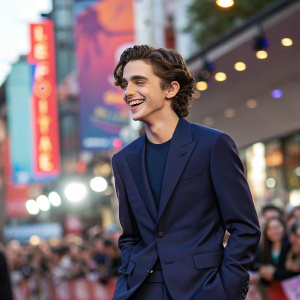 Timothée Chalamet, sporting a stylish navy blue suit, with a relaxed and cheerful smile. Standing in front of a crowd at a bustling street festival with colorful banners and bright lights