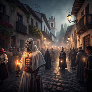 Holy Week celebration in Taxco, Mexico. Nighttime scene. Individuals in traditional costumes. Bare-chested figure with mask, holding lit candles. Crowded cobblestone street with historic buildings. Solemn atmosphere, ambient lighting