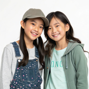 A candid shot of two young Asian girls in casual wear. Empty studio backdrop