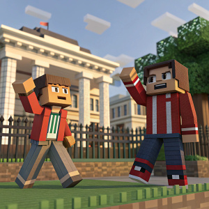 In a Minecraft-inspired pixel art world, two characters, one waving enthusiastically and the other in a dramatic pose, stand in front of a classic building and fence backdrop. Blocky pixelated style