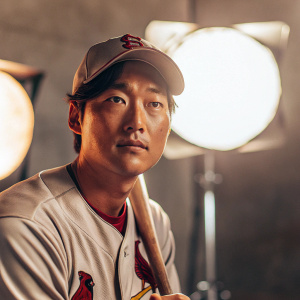 Kwang Hyun Kim, Asian baseball player, intense gaze. Wearing St. Louis Cardinals jersey, gray studio backdrop.
