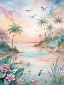 The sea palm Birds and grass flower spackling light pastel color 
