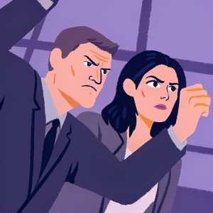 Philip Winchester and Monica Barbaro on set of Chicago Justice. Intense expressions. Dark suit and serious look