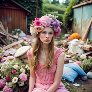 Lydia Celesta in knitted headed lamb pink adidas dress dress editorial photoshoot, surrounded by rubbish and florals, England, summer, 35mm film, --ar 2:3