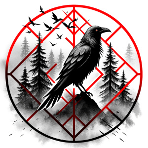 vegvisir runes geometric symbol - raven and trees - tattoo design - perfect realistic art - high-definition - grey and black - white background 