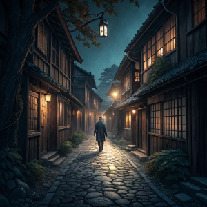 Narrow alleyway at night, lined with ancient wooden buildings. Soft lights from each house cast a dim glow, illuminating the cobblestone path. A solitary figure walks down the alleyway, the soft light dancing on the person's shadow.