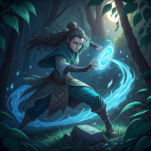 Katara from Avatar: The Last Airbender. She's standing in a fierce fighting pose in a dark forest. Green leaves and glowing blue lighting effects surround her