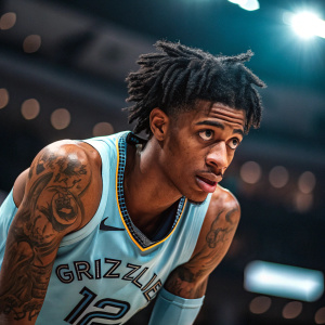 Ja Morant, NBA star, intense stare. Light blue Memphis Grizzlies jersey. Tattoos visible. Indoor arena lights blurred