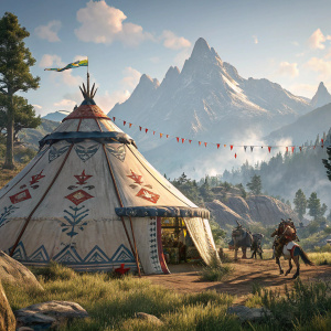 Digital art of Horizon Zero Dawn landscape. A large, traditional tent adorned with intricate designs and colorful flags. Surrounded by a rugged mountain range. NPCs and characters interacting nearby.