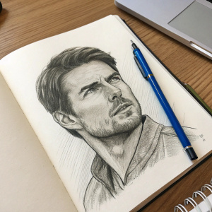 Realistic pencil sketch of Tom Cruise's face. Detailed facial features. On a white sketchbook opened on a wooden desk. Blue pen next to the sketchbook.