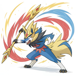 Zacian, the legendary Pokémon, in a fierce battle stance. Vibrant colors of blue, yellow, and red swirl around him.