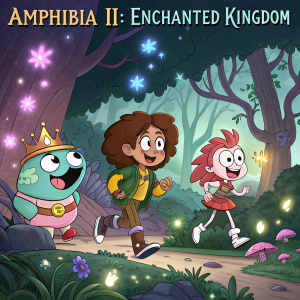 Promotional art for 'Amphibia II: Enchanted Kingdom', featuring a cast of colorful and uniquely designed characters in an animated adventure series.