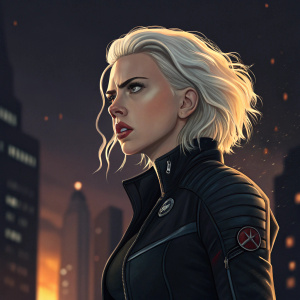 Digital illustration of Scarlett Johansson as Natasha Romanoff. She has platinum blonde hair and a fierce expression. Background is dark with glowing cityscape