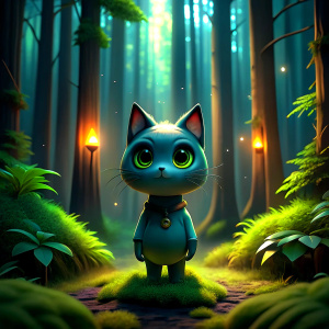 A ray of light in the forest shines on a figurine cat