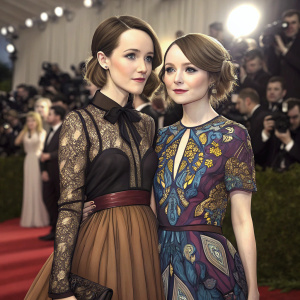 Actresses Jena Malone and Emily Browning at a glamorous gala. Jena Malone in black sheer blouse with intricate design and brown layered skirt. Emily Browning in a vibrant patterned dress with blue, purple, and brown hues. Crowded venue with flashing cameras and attendees