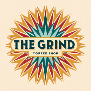 The Grind Coffee Shop logo, featuring a vibrant, burst pattern design. Bright, modern color palette.