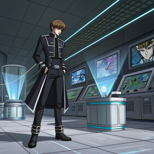 Seto Kaiba from Yu-Gi-Oh!, standing in a modern, high-tech lab. Wearing black suit with silver details. Surrounded by holographic projectors.