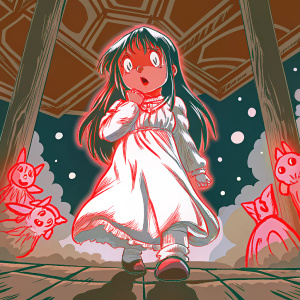 Anime girl in white dress, long dark hair, surprised look. Dark background with geometric shapes and cloud-like patterns. Tiny cartoon creatures floating around her, bright accents against dark tones