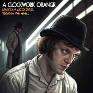 Promotional poster for 'A Clockwork Orange'. Malcolm McDowell and Virginia Wetherell in a dimly lit setting with stark, contrasting light effects.
