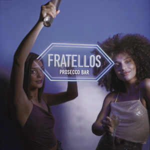 Fratellos Prosecco Bar, neon sign design with bold, sleek lines. Green and gold color scheme. Nightclub vibe