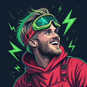 Felix Kjellberg, aka PewDiePie, in a vibrant digital artwork. Abstract design with neon green elements. Dark background