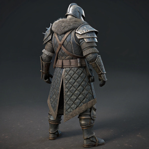 3D model of a warrior character from the game Destiny. Robust build with heavy armor in dark grey tones. Textured quilted design on hips, angular shoulder plates. Detailed back armor and lower body. Dark grey background.