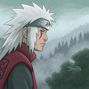 Digital painting of Jiraiya from Naruto series. His spiky white hair and determined expression stand out. Background is a misty landscape. Artist's signature on lower right corner. Anime style with bold lines and vibrant colors.