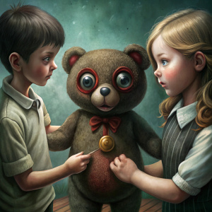 niños jugando con un osito de peluche pequeño y tenebroso color marron oscuro que da miedo, con un boton en el ojo y que le falta un brazo