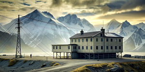 A 2-storey building located on a land surrounded by wires, with huts and Alaskan mountains around it.