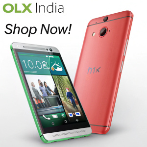 Advertisement showcasing a vibrant, pre-owned HTC smartphone on OLX India. Text highlights finding premium devices at budget prices. Call to action: Shop now!