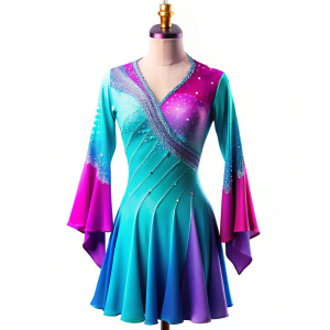 airy designer figure skating dress, diagonal drapery on the bodice,wide sleeves, collar,sleeve pattern , on a maniquen