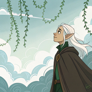 Digital art showcasing Rayla, an elf-like character from 'The Dragon Prince'. Wearing dark, earthy-toned robe. Floating among clouds with vines emerging from sky.