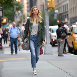 Whitney Port, in a casual outfit, walking down a busy city street.