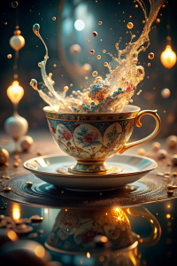 teacup, Dancing, Bubbles, intricate brush strokes, beautiful lighting, intricate details, Unreal Engine, creative, expressive, detailed, colorful, digital art, unique, consistent style, HW*

