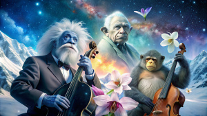 Albert Einstein  and gorilla  play Antarctica chello Around him are puppies with many orchideas. A huge number of stars in the sky