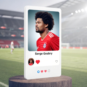 Digital graphic of Serge Gnabry's tweet, featuring a photo of him in a red jersey, posted on a platform similar to Twitter.
