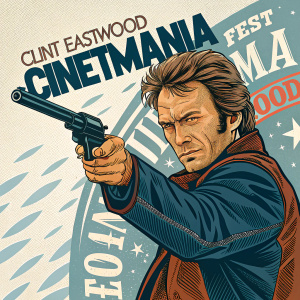 Digital art of Clint Eastwood. Gun in hand, dynamic pose, comic book style, graphic design elements. Cover of Cinemania magazine.