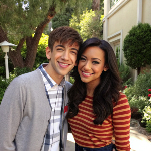 Kevin McHale and Naya Rivera on a set of Glee, outdoor, surrounded by greenery, casual attire, smiling