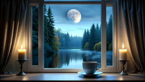 window open curtain, coffee, candle, full moon, still water, forest, dark night, midnight