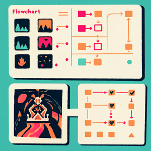 Guide to Hearthstone's Kobolds & Catacombs solo adventure. Includes flowchart, detailed layout of version A, and a series of screenshots with vibrant color palette and intricate UI elements.