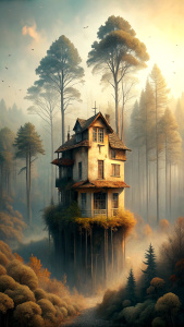 abandoned house in trees and forest