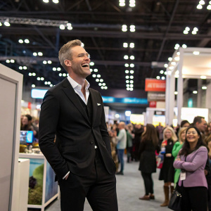 Ryan Serhant, dressed in a black suit, beams with excitement at a bustling trade show.
