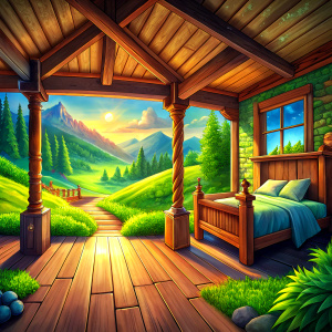 point of view angle, a lush green meadow, a wooden house, its interior, on the right 3 wood brown pillars coming from the ceiling to the floor, a bedroom behind the pillars with a wooden bed and a nightstand on the left of the bed, basement with stairs on the left of the bed

