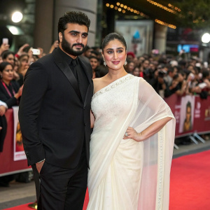 Kareena Kapoor Khan and Arjun Kapoor at movie premiere. Kareena in elegant white saree, Arjun in black suit. Crowd cheering in background.