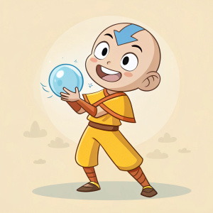 Youthful Aang from Avatar: The Last Airbender. Radiant smile, glowing bald head, blue forehead marking. Wearing vibrant yellow attire. Playful stance, holding an orb-like airbending sphere.