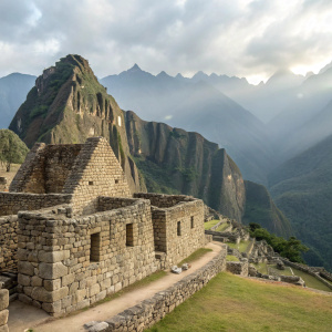Ancient ruins of Machu Picchu, high in the Andes mountains, feature intricate stone walls and trapezoidal doorways.