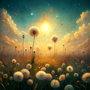 Vintage Old, Spring Meadow with small white Dandelion Flowers in Motion they fly to the wind with the Sunrise in the background. Photo Realistic