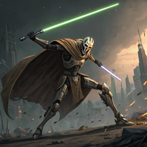Concept art featuring General Grievous in an action-packed stance, created for a Star Wars themed convention. Dark, detailed background